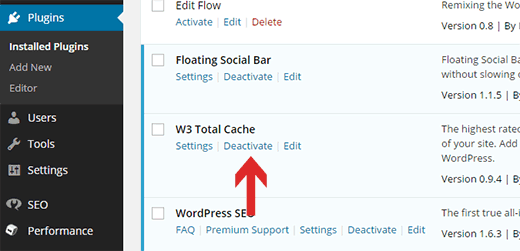 在WordPress中停用W3 Total Cache插件 