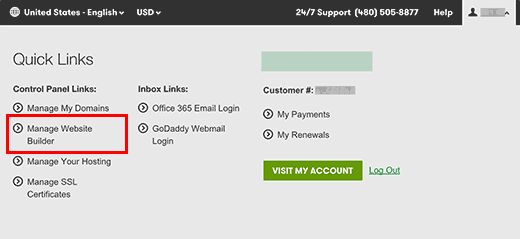 在GoDaddy帐户中管理网站生成器 