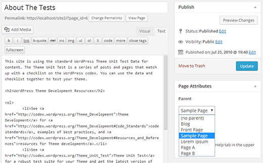 通过在WordPress中分配一个父页面来创建一个子页面 