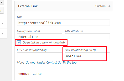 在导航菜单中将nofollow添加到传出链接 