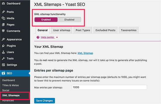 在Yoast WordPress SEO插件中启用XML Sitemaps 