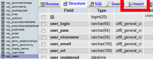 phpMyAdmin wp_users表 