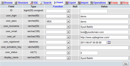 phpMyAdmin在wp_users表中插入值 