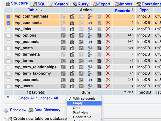 使用phpMyAdmin清空WordPress注释表 