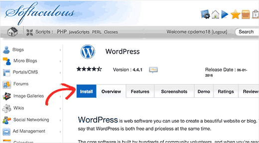 点击安装标签继续使用Softaculous安装WordPress 