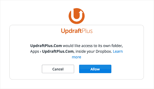 允许UpdraftPlus访问Dropbox 