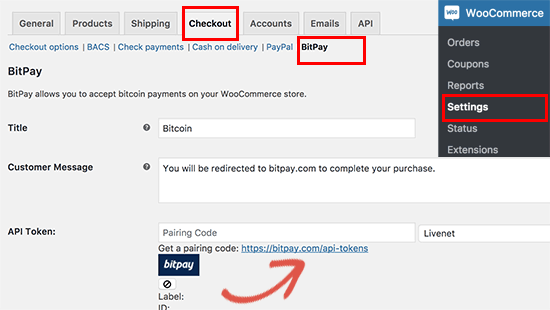 在WooCommerce中设置BitPay 