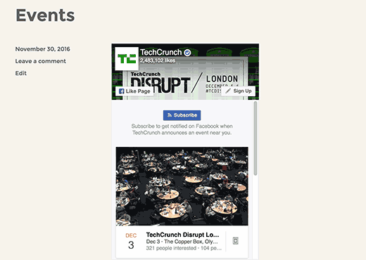 Facebook活动嵌入在WordPress页面上 