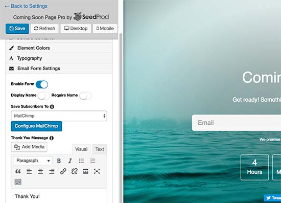 电子邮件表单设置即将到来的页面 
