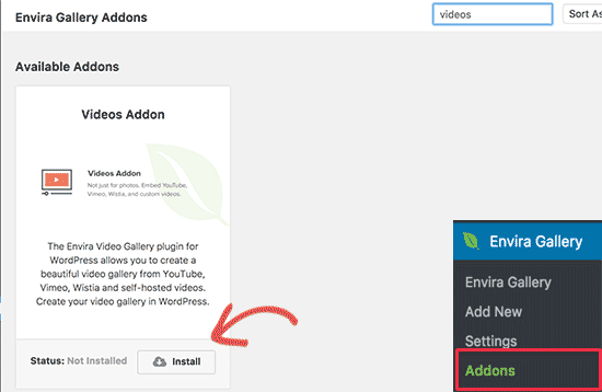 接下来，您需要前往Envira Gallery»插件页面。 你会看到所有的插件可供你安装。 寻找视频插件并安装它。 