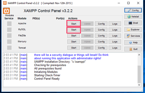 启动Apache和MySQL 