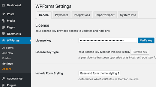 添加您的WPForms许可证密钥 