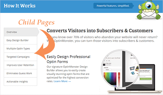 具有子页面列表的父页面 