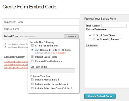 MailChimp裸体选项 