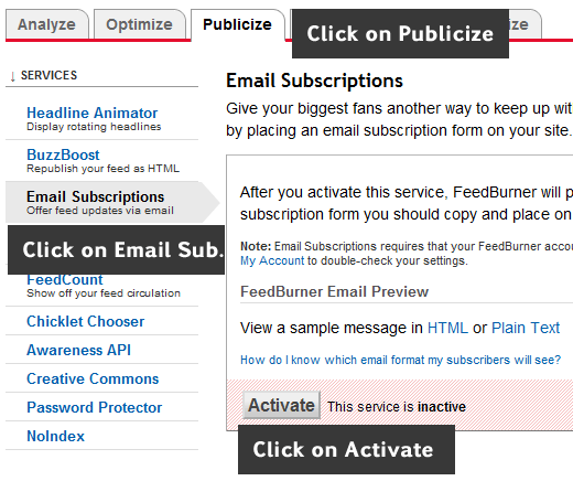 在FeedBurner中激活电子邮件订阅 
