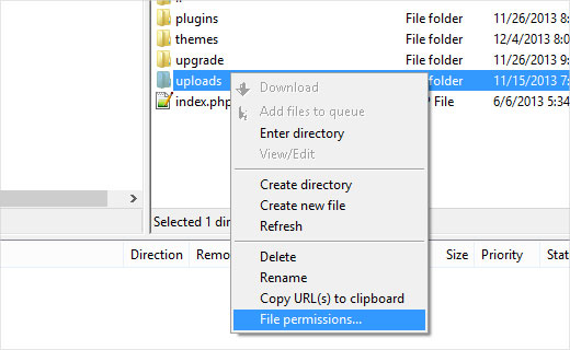 在Filezilla FTP Client中打开File Permissions对话框 